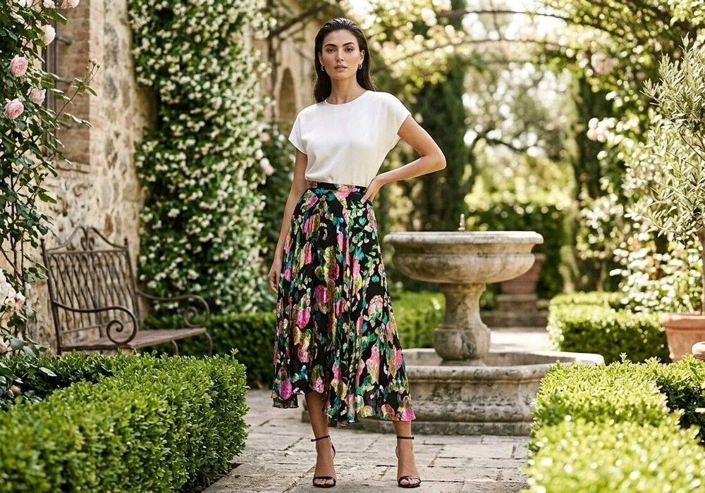 Saloni Silk Ida B Hydrangea Floral Midi Skirt – Asymmetric Ruffle – Size 6